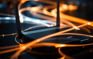 Rychlý internetový router s pohyblivými světelnými efekty.