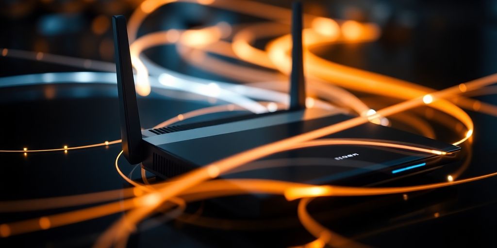 Rychlý internetový router s pohyblivými světelnými efekty.