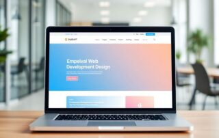 Moderní webový design na obrazovce notebooku v kanceláři.