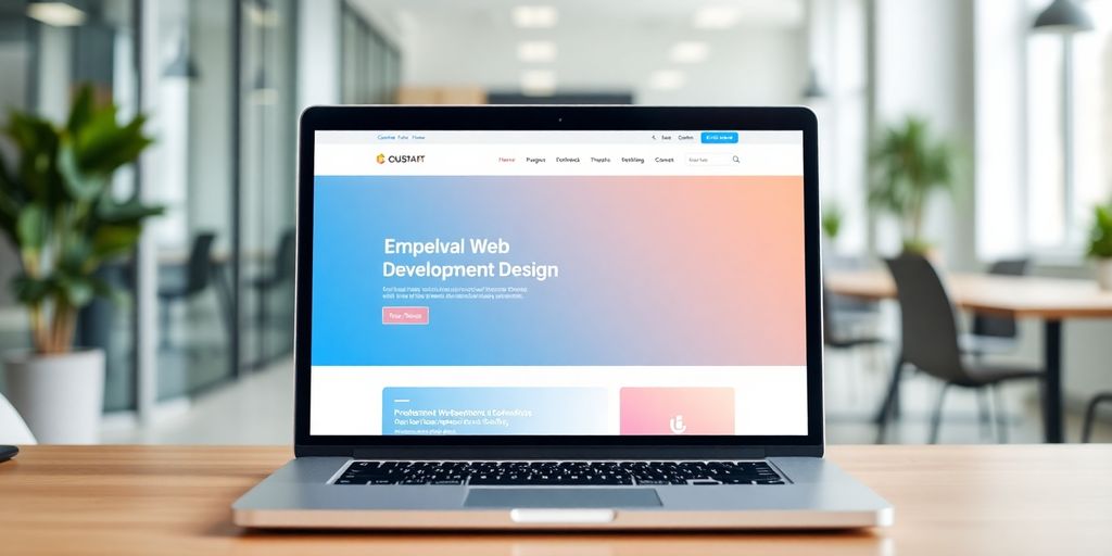 Moderní webový design na obrazovce notebooku v kanceláři.