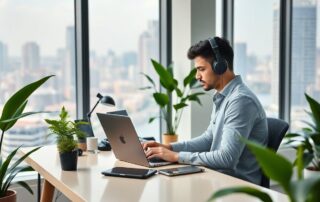 Webový vývojář pracuje u moderního stolu s notebookem.