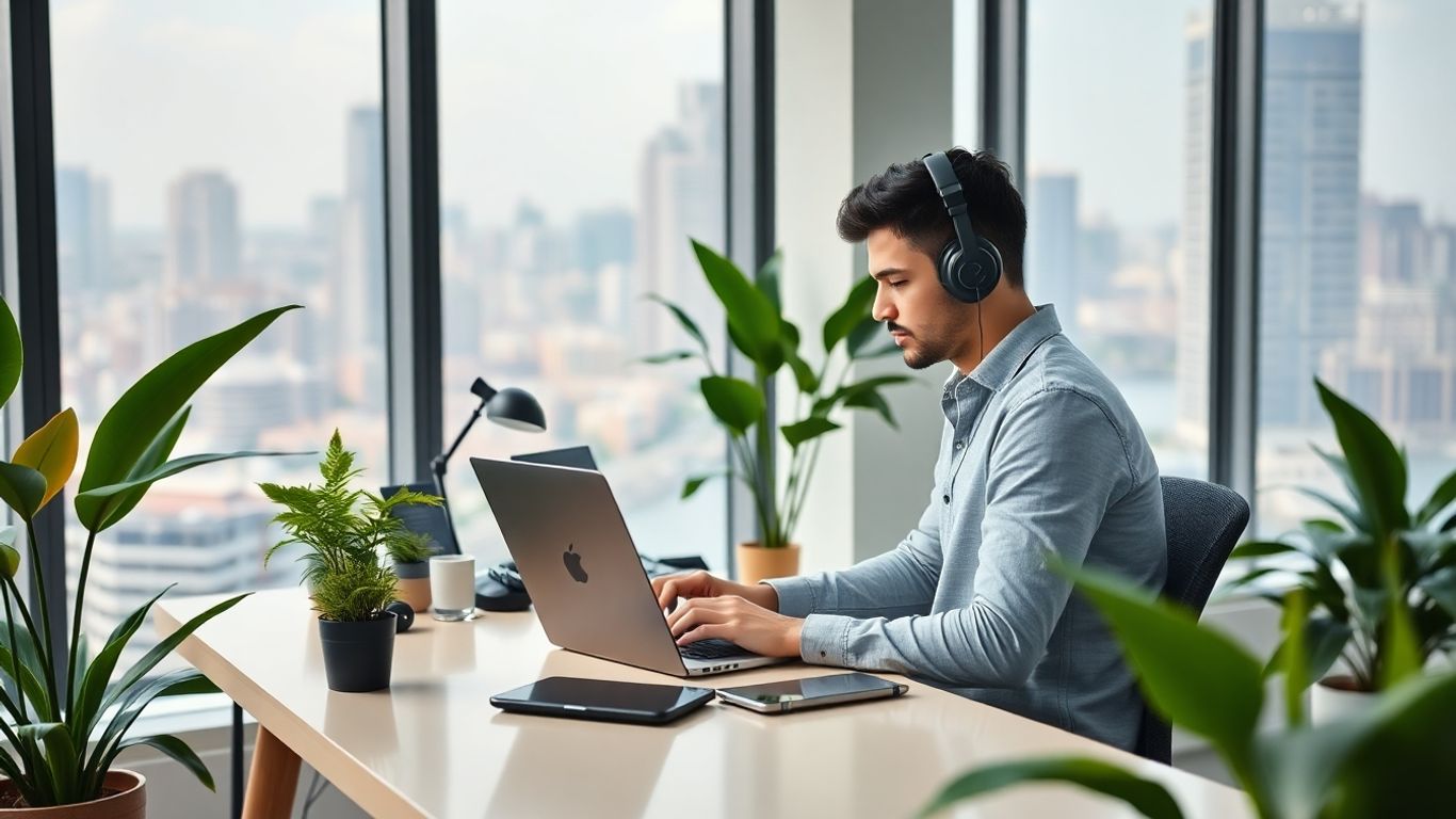 Webový vývojář pracuje u moderního stolu s notebookem.