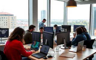 Lidé pracují s notebooky v moderní kanceláři s výhledem.