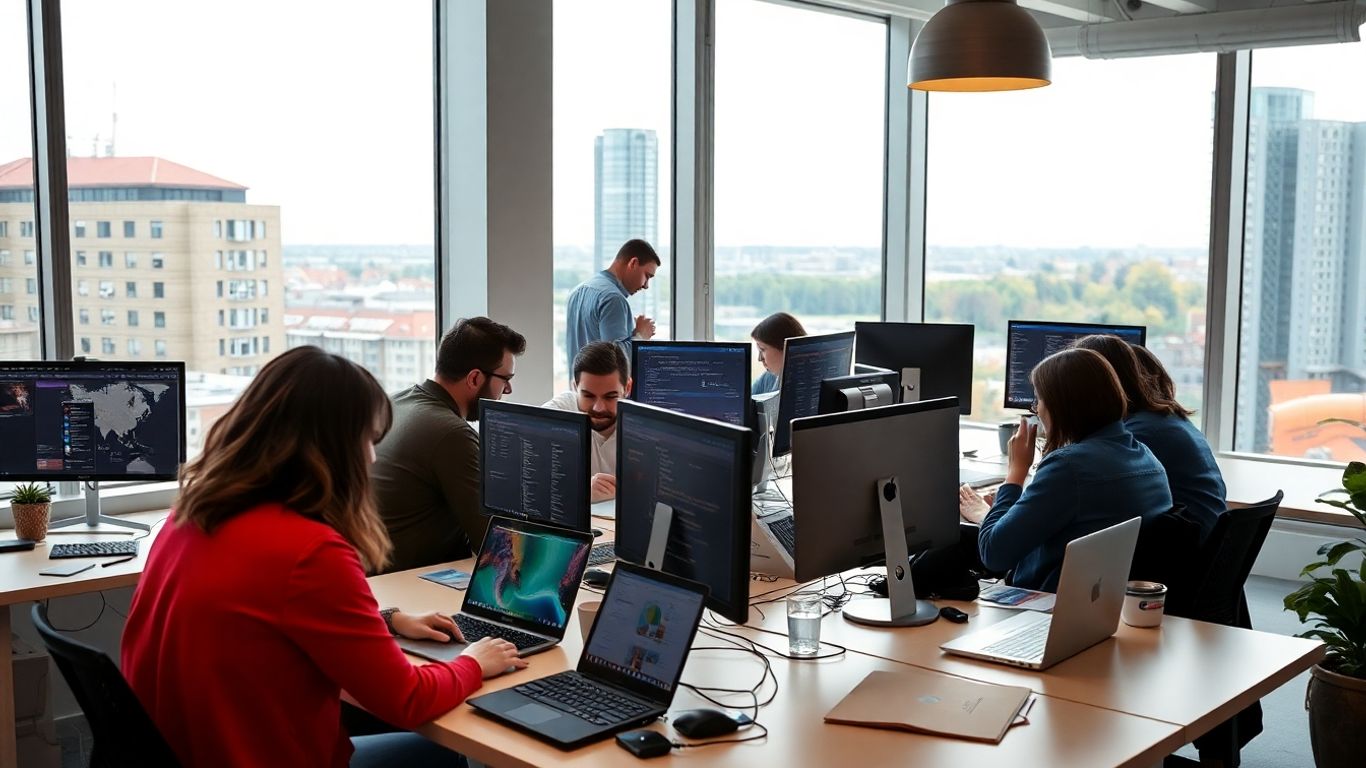 Lidé pracují s notebooky v moderní kanceláři s výhledem.
