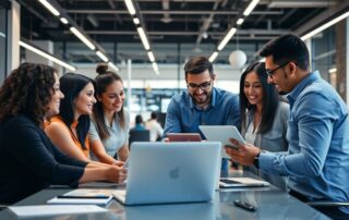 Marketingový tým spolupracuje v moderní kanceláři u počítačů.