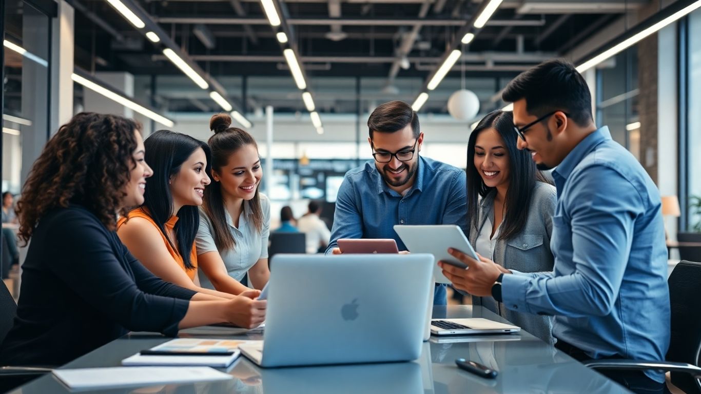 Marketingový tým spolupracuje v moderní kanceláři u počítačů.