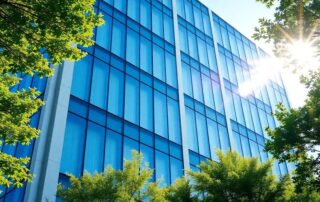 Moderní kancelářská budova s odraznými okny a zelení.