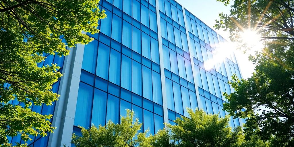 Moderní kancelářská budova s odraznými okny a zelení.