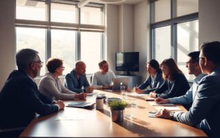 Lidé diskutující u stolu v kanceláři.