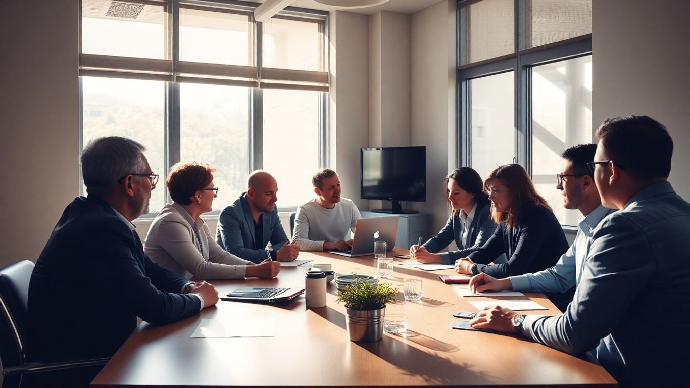 Lidé diskutující u stolu v kanceláři.