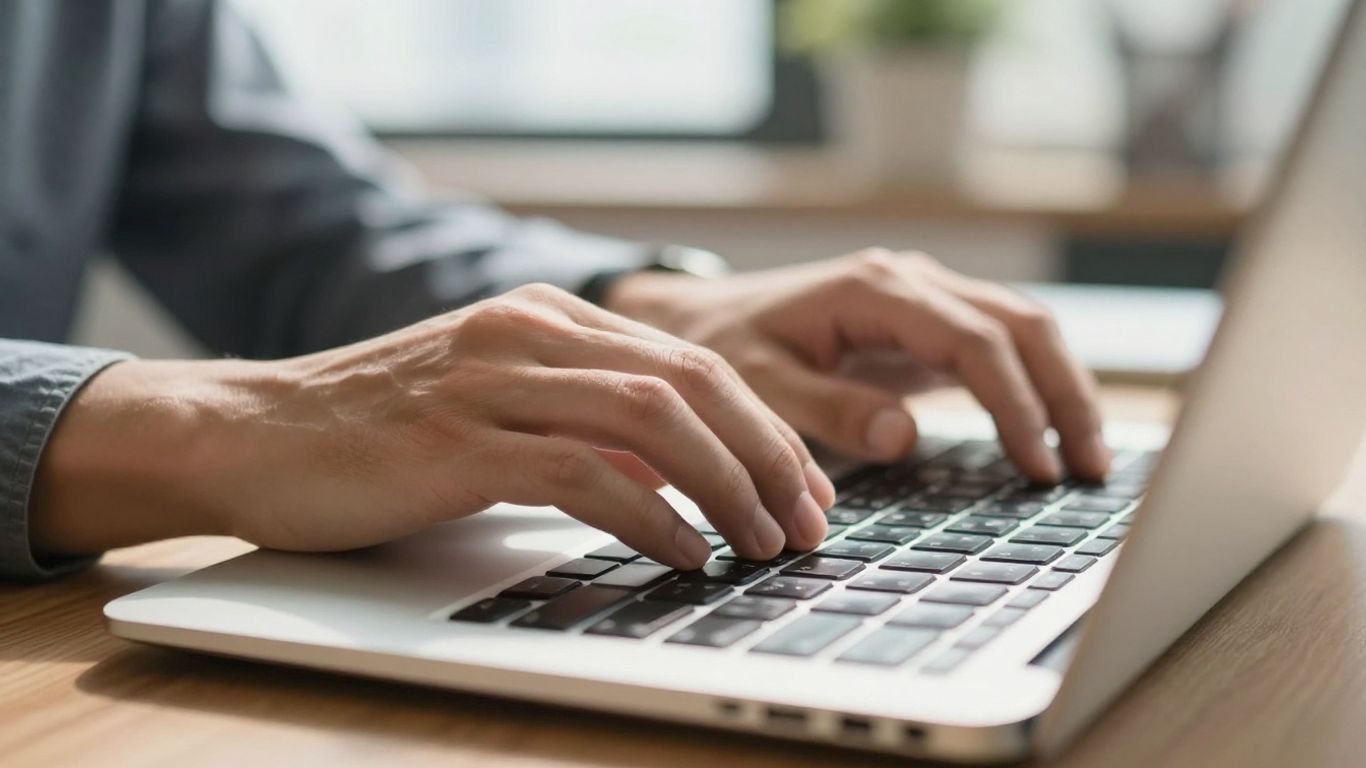 Ruce píšící na klávesnici notebooku.