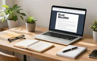 Muž píše na notebooku, vytváří blogový obsah.